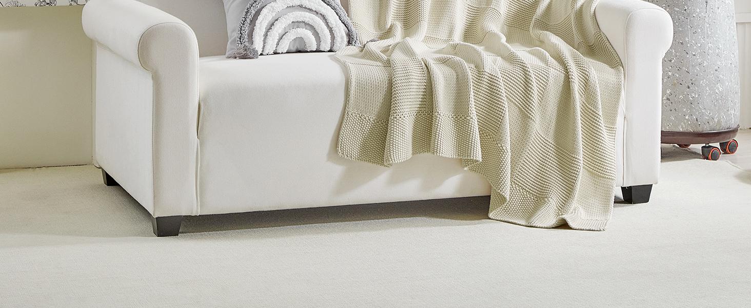 100% Cotton Chunky Cable Knit Throw Blanket for Sofa Couch Bed Baby Nursery, Farmhouse Chessboard Grid Woven Blanket with Bonus Laundering Bag, 51 x 63 Inches, Cream
