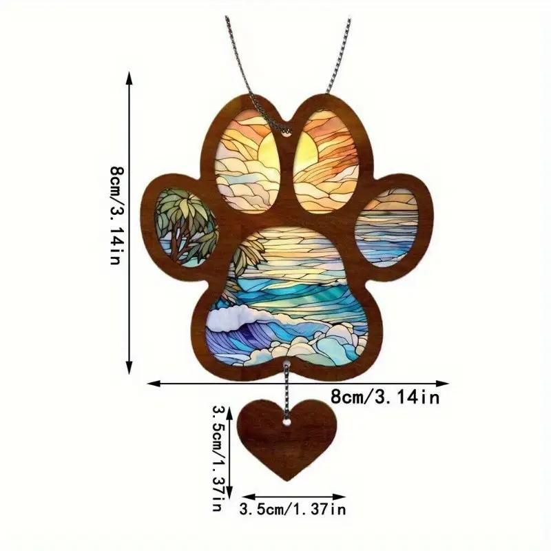 Heart-Shaped Sun Catcher Hanging Ornament, Acrylic Painted Glass Art, Paw Print Pattern, Vibrant Sunset Colors, Memorial Gift for Pets
