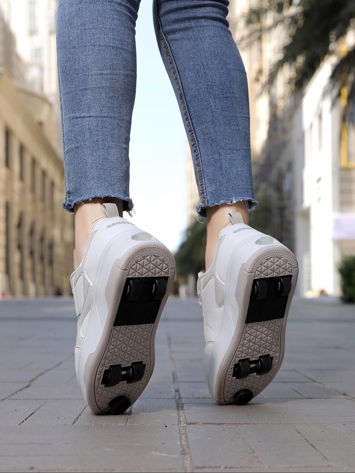 Unisex Button-Operated Four-Wheel Roller Skates, PU Leather Lightweight Durable Dual-Roller Invisible Skate Shoes, All Seasons, Shoes With Wheels