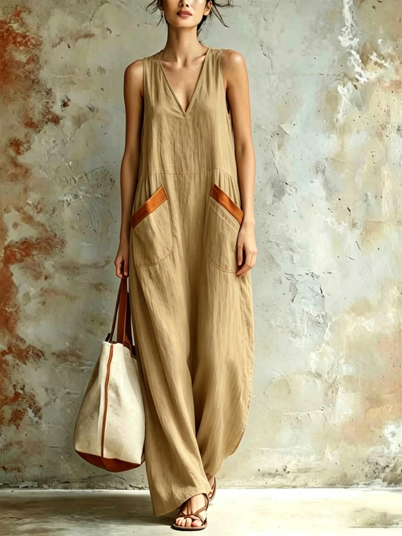 Women's Summer New Casual Fashion Chic Sleeveless V-Neck Loose Comfortable Lightweight Solid Dress, Summer Tank Dresses, Daily Commute, Trendy Ladies' Clothing