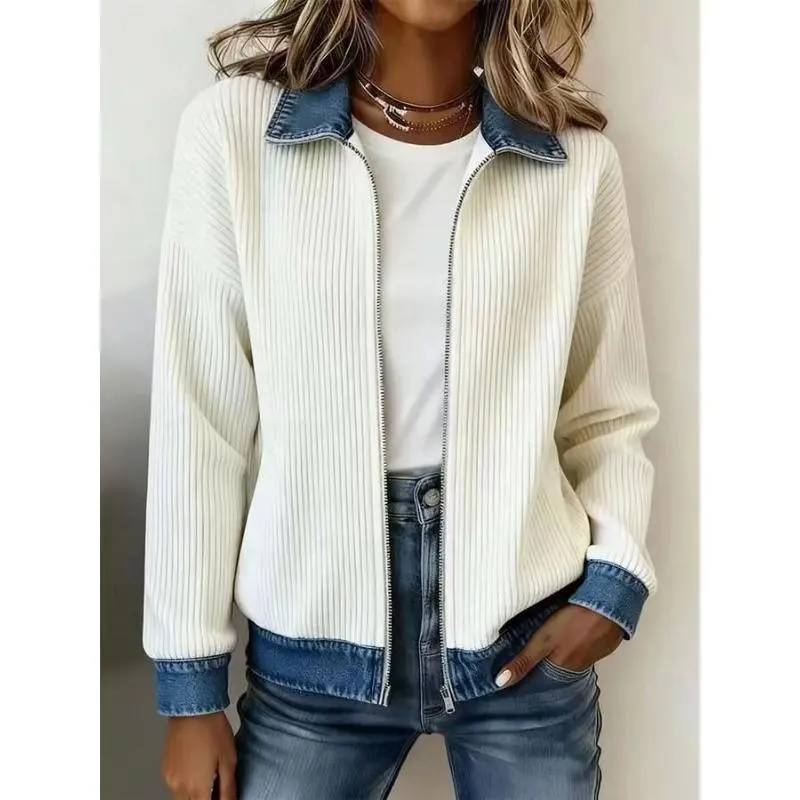 Women's Loose Longsleeves Corduroy-Denim Splice Zipper Jacket - Cute Casual Comfort Collar Patchwork Outerwear, Lady's Fabric Coat, Valentine's Day Gift for Her