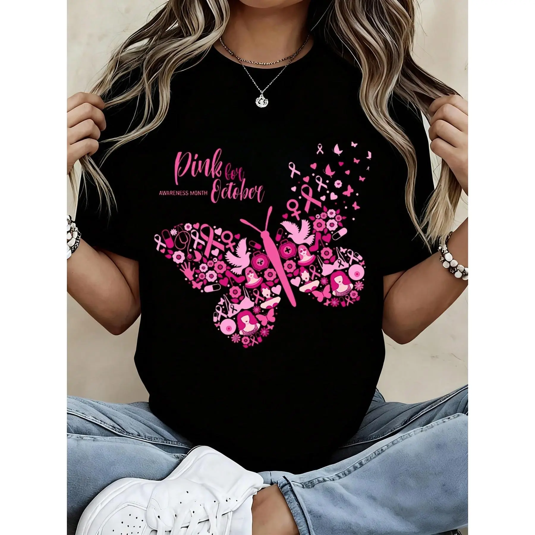 Women's Black Polyester T-Shirt with Pink Breast Cancer Awareness Butterfly Print - Casual Daily Wear Top