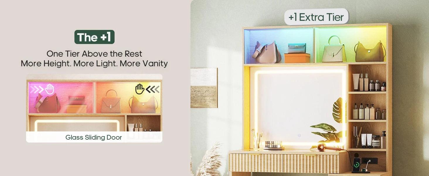 Sikaic Fluted Makeup Vanity with Sync Music LED Lights and Glass Top Mid-Century Modern Wooden Vanity Desk with Mirror, Power Outlet, Glass Cabinet, 4 Shelves and 5 Drawers