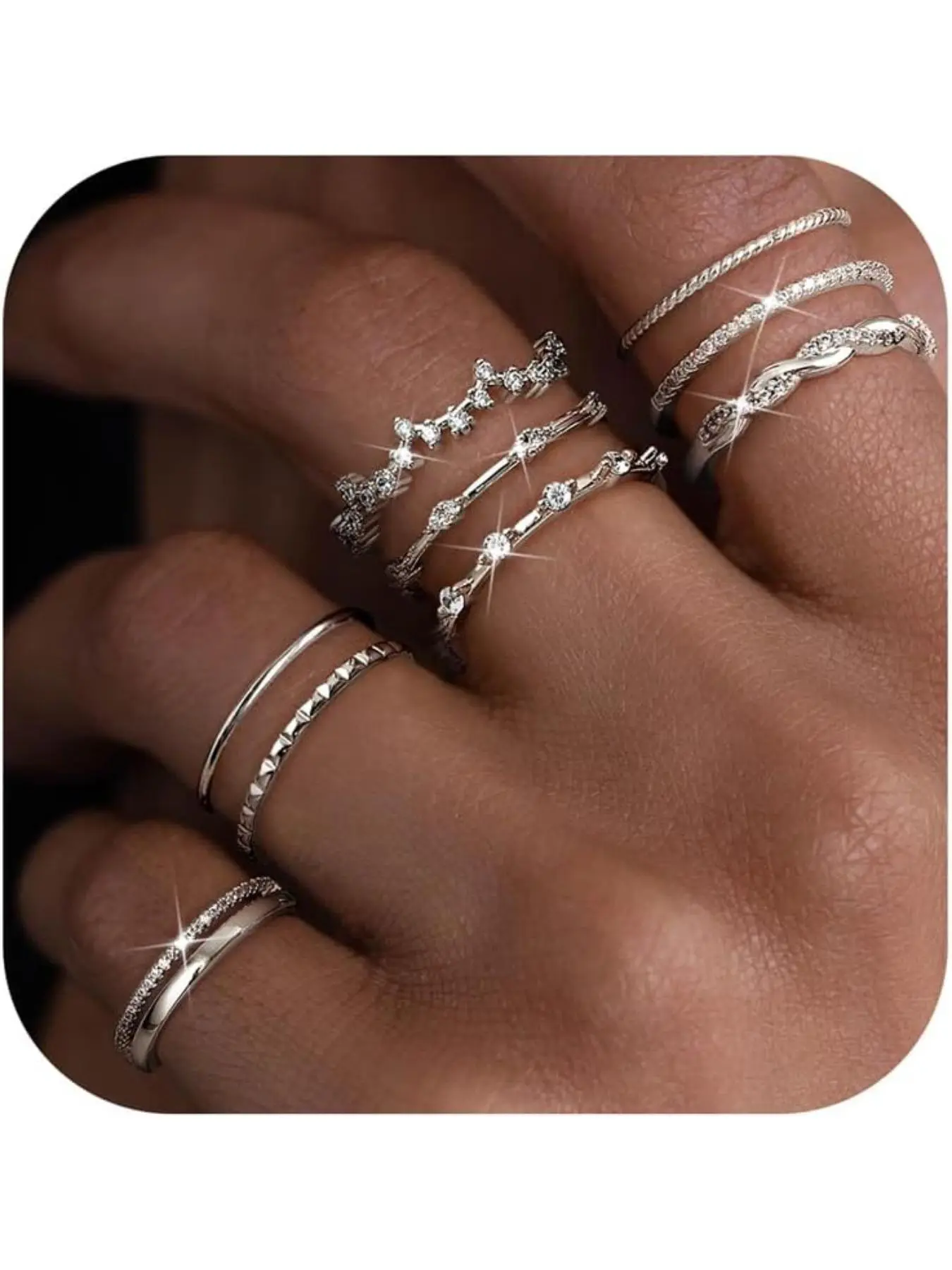 9PCS Non Tarnish Gold/Silver Stacking Rings for Women Waterproof Cubic Zirconia Adjustable Rings Set Wedding Thumb Statement Engagement Promise Ring Interchangeable Rings