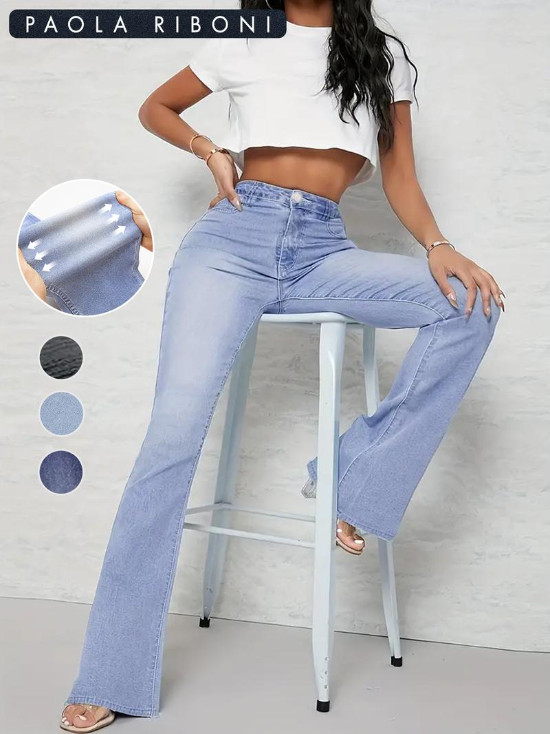Women's Elastic Casual Denim Bell Bottoms, Slim-Fitting Natural Waist Pants, Plain Pattern, All Seasons, Pockets Design
