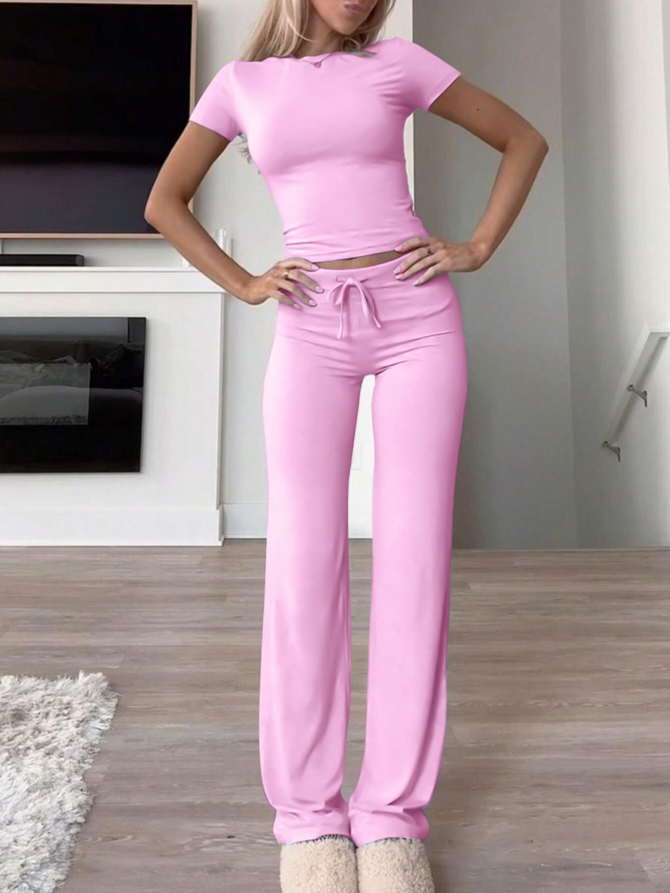 LovelyWholesale - US Women's Fashion Casual Solid Color Round Neck Short Sleeve T-Shirt Top and Drawstring Pants Two-Piece Set, Spring and Summer Clothing