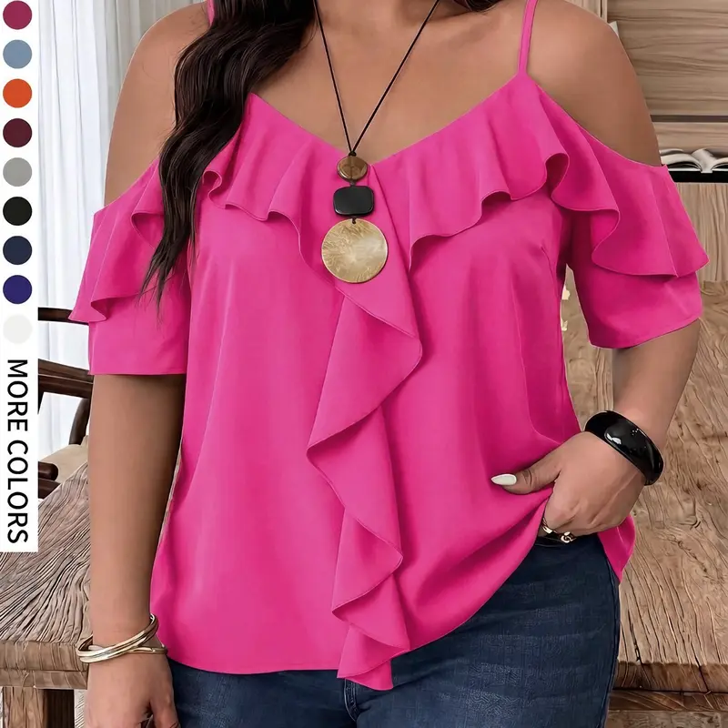 Plus Size Women's Strapless Ruffle Shirt, A-Line Hem Lightweight Flowy, Solid Minimalist, Perfect for Casual, Graduation, Dates, Parties
