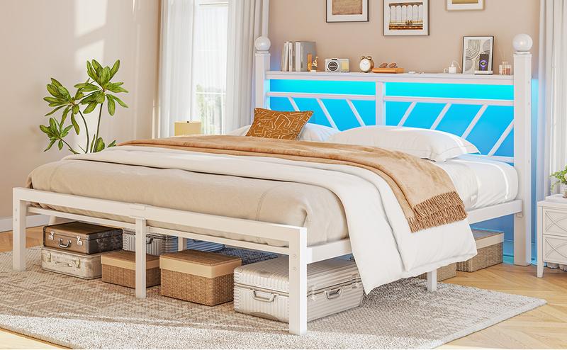 Raybee Furniture Twin/Full/Queen Metal Bed Frames ,with LED Lights and Charging Station, Sturdy Bed Frames with Headboard and Footboard, with Storage Shelves and Under Bed Storage, No Box Spring Needed, Noise Free 【Black Friday】