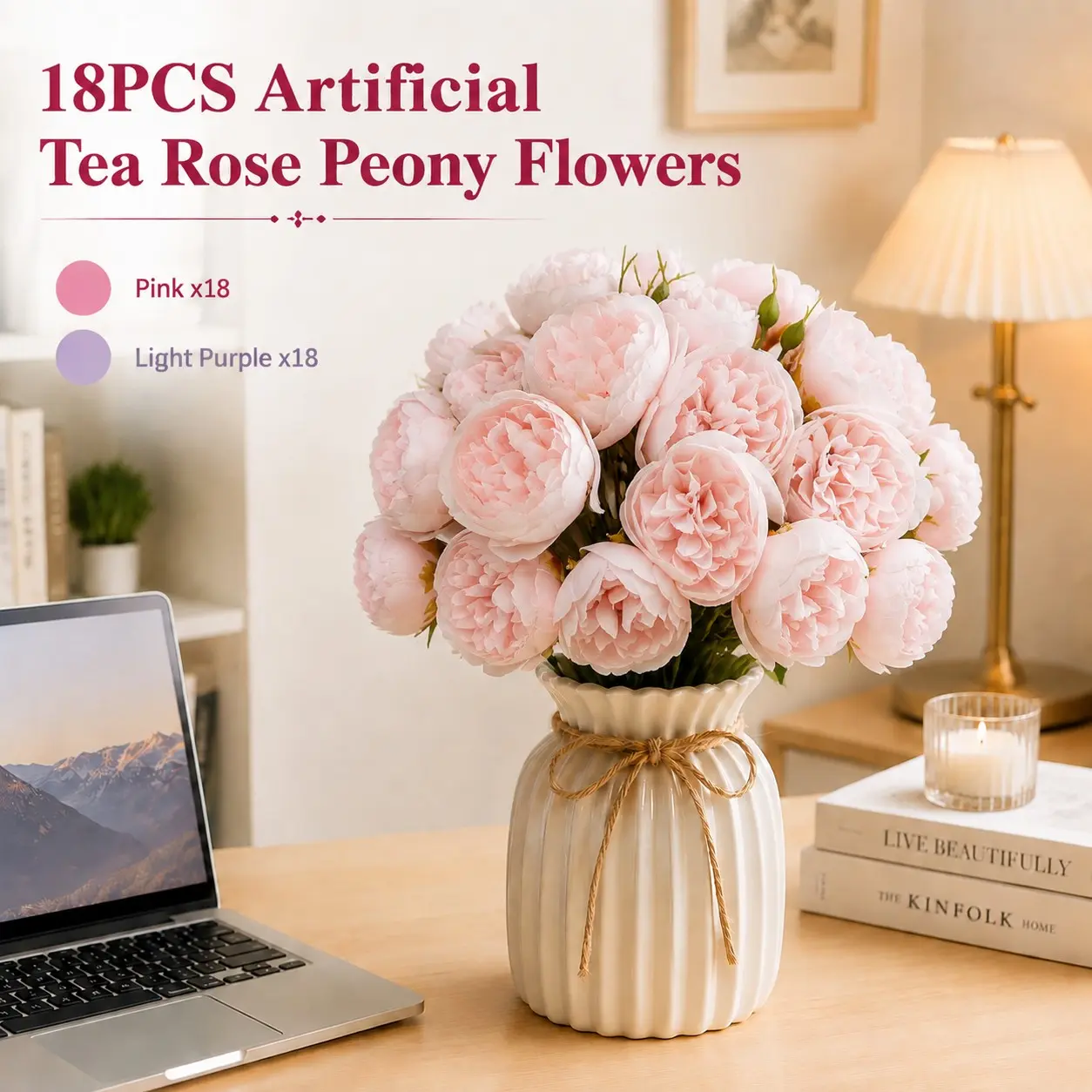 18pcs Artificial 27 Head Tea Rose Peony Bouquet, Soft Ins Romantic Style, Realistic Non‑Deformable Petals, Pink & Light Purple Available, Ideal for Tabletop Display & Home Decor Lovers