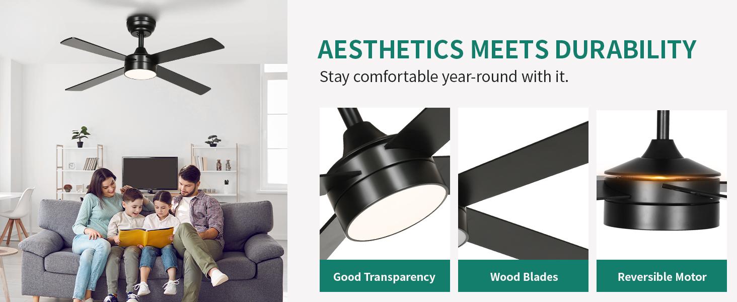 Yitahome 48 Inch Black Ceiling Fan with Lights and Remote,4 Blades, App Control, Modern Smart Ceiling Fan Compatible with Alexa for Indoor, Reversible Quiet Motor, Memory Function