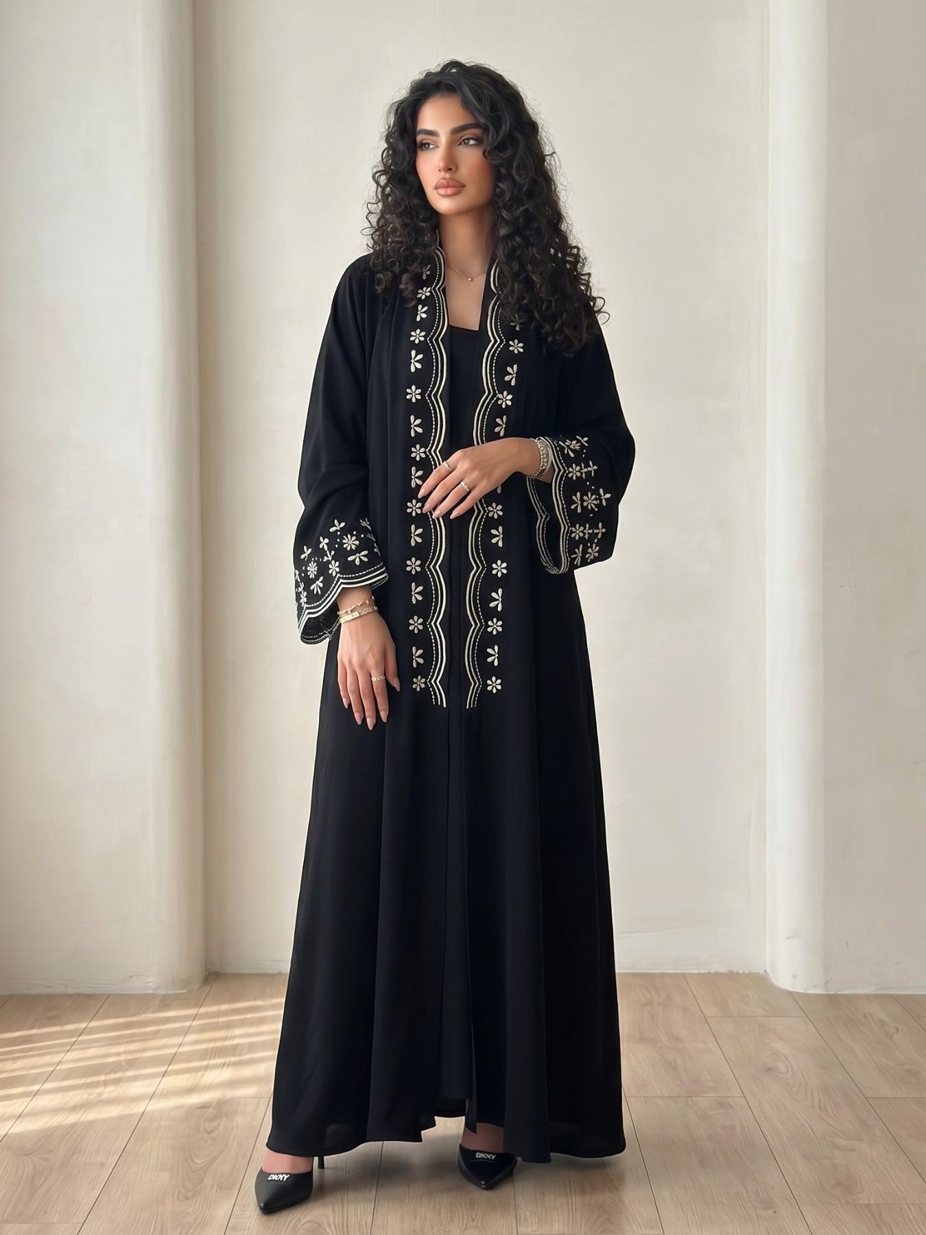 New Muslim Women's Abaya Khimar Set, Loose Fit, Eyelet Embroidery, 2-Piece with Headscarf, Long Sleeve, Elegant Casual Wear, Abaya With Hijab