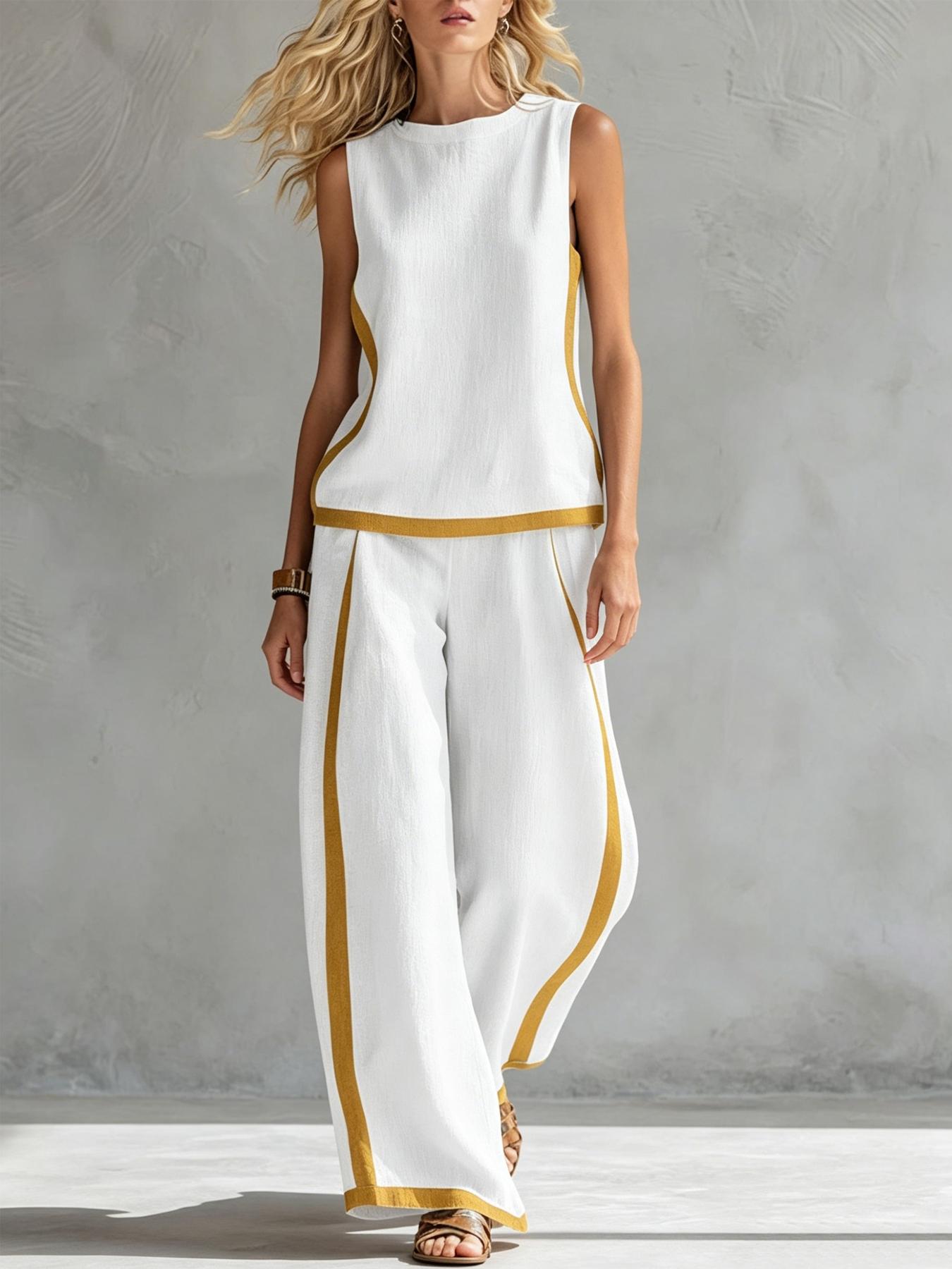 Women's Casual Loose color blocked sleeveless wide leg two-piece set, Colorblock casual set, with breathable surface suitable for commuting, daily wear. Multiple colors available