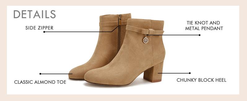 Coutgo Women's Ankle Boots Chunky Block Low Heel Vintage Tie Knot Booties Shoes with Side Zipper