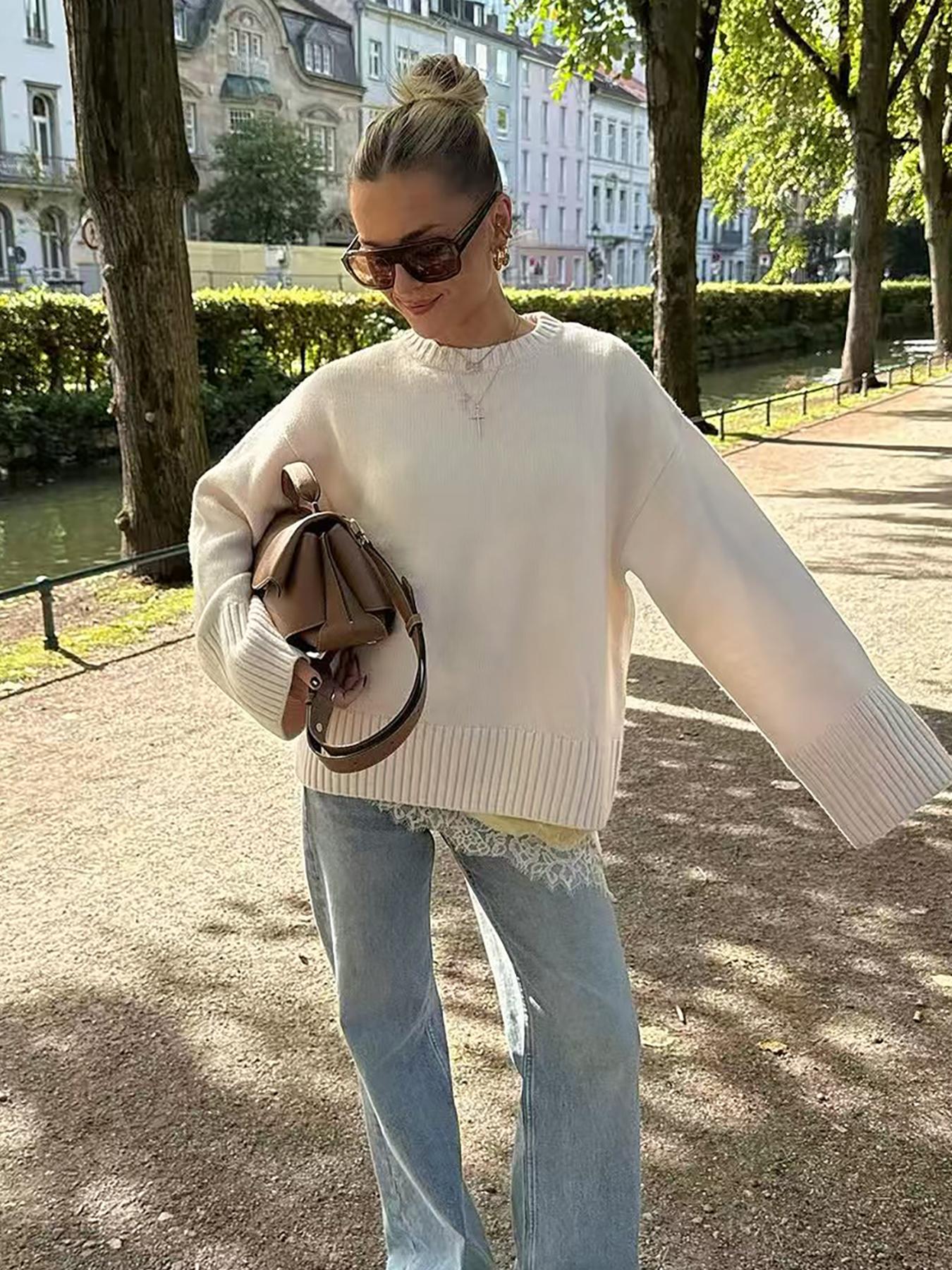 Women's Fall Winter Solid Color Round Neck Long Sleeve Casual Loose Knit Pullover Sweater, Simple Knitted Woolen Top Knitwear