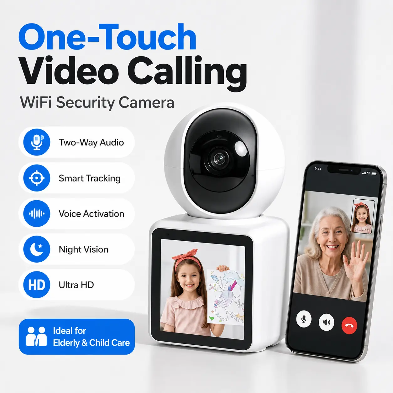 Two-Way Video Calling Security Camera with One-Touch Call Button, WiFi Remote Monitoring, Smart Tracking, Voice Intercom, Night Vision & HD Indoor Home Surveillance