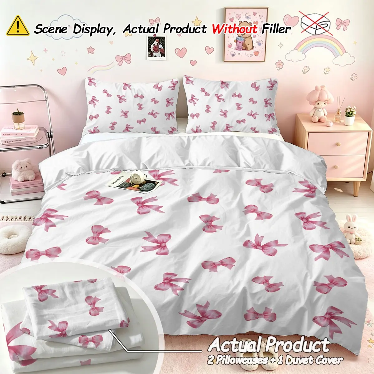 Bed sets supplies, Bow bedding set, 3-piece set (1 quilt cover + 2 pillowcases, coreless), pink princess style bow print quilt cover set, machine washable and available in all seasons, soft and comfortable