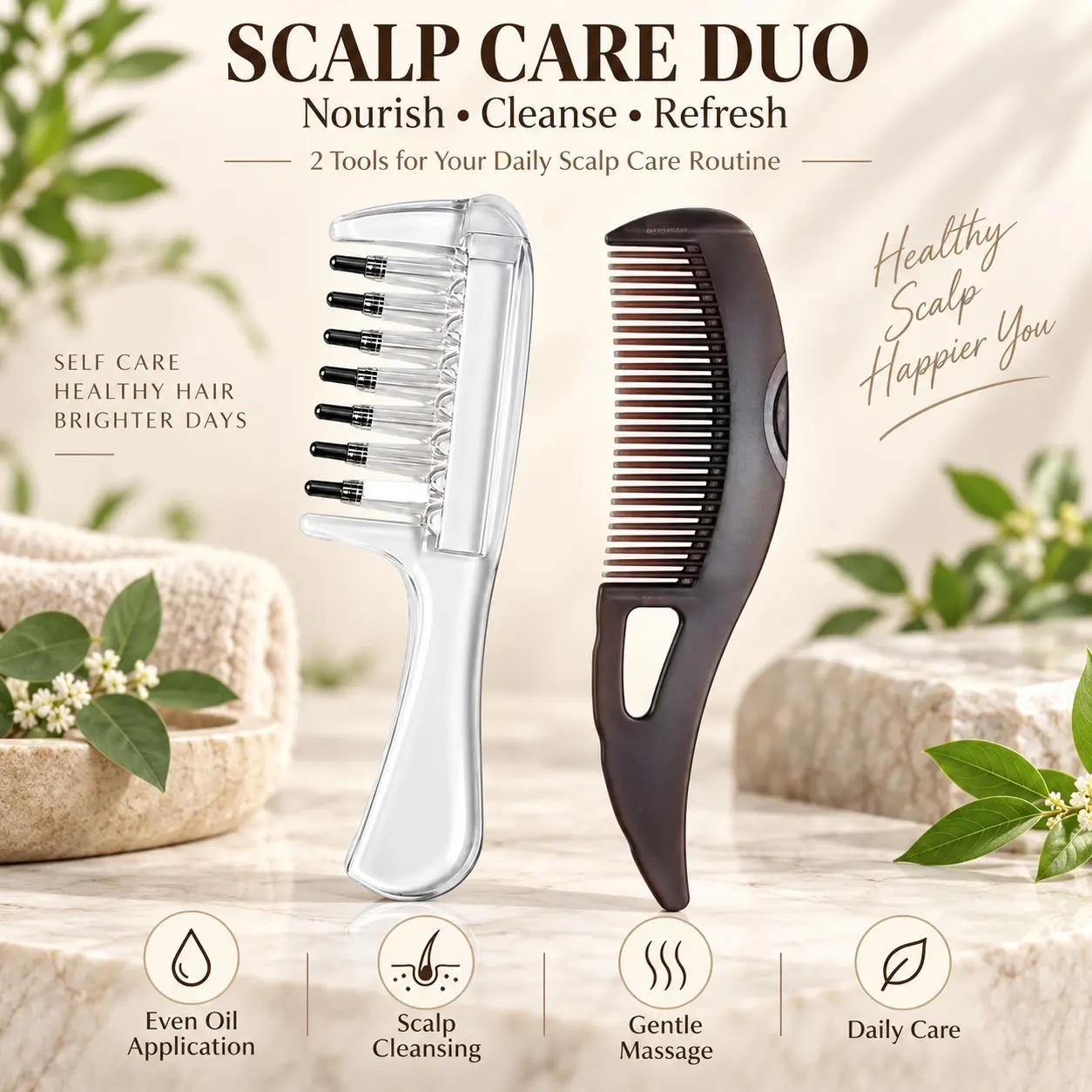 2-Piece Scalp Care Comb Set: Essential Oil Applicator Comb and Scalp Cleansing Comb—for applying hair oil and removing dandruff and buildup; a scalp massage and styling tool for daily hair care.