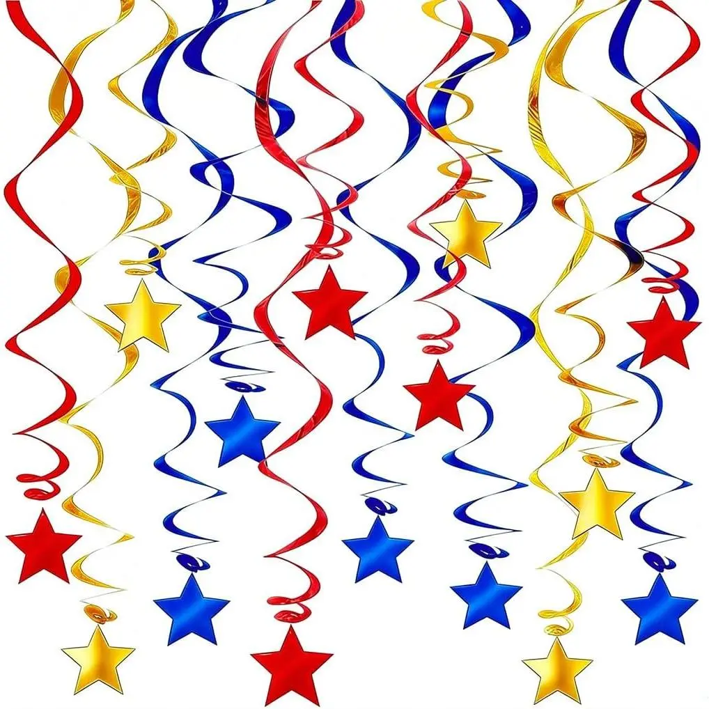 30 Pcs Red Blue Gold Swirl Decorations Foil Ceiling Streamers