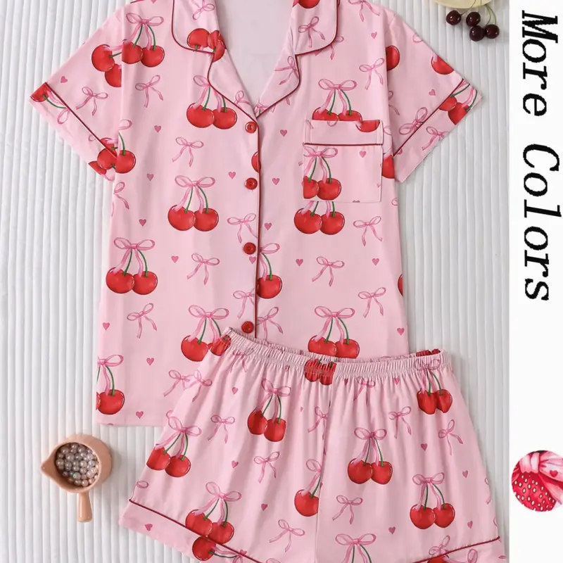 Women's Strawberry & Heart Print Lapel Neck Shirt & Shorts Matching Pyjama Two-piece Set, Ladies Sleepwear for All Seasons, Loungewear, Top Pajamas