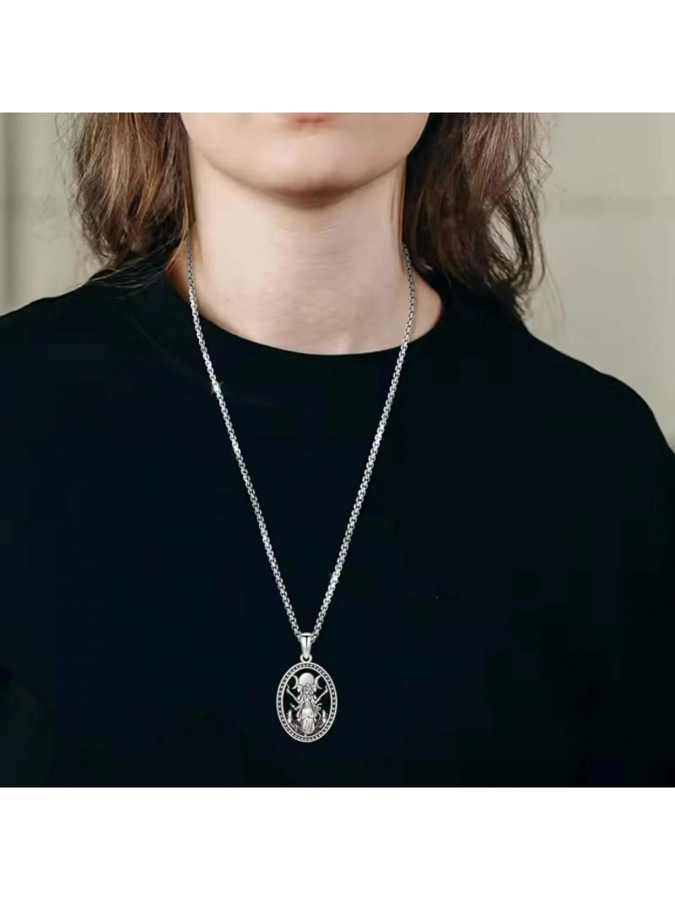 March Goddess Hecate Necklace, Silver Color Oval Pendant, Boho Style Witch Jewelry, Unisex Mystic Gift, All-Season Accessory