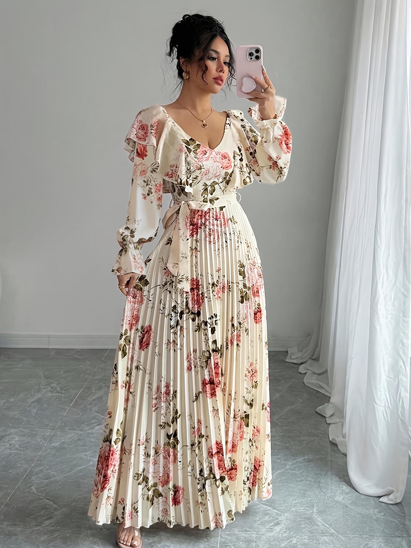 Elegant cross-border French vintage rose print long dress with a waist-cinching design that accentuates a slim figure, featuring a V-neck, ruffled long sleeves, and a pleated large hem skirt
