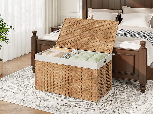 HOOBRO Rattan Laundry Hamper with Lid, Foldable Storage Basket with Lid, 42.3 Gallon (160L) Rattan Basket, Handwoven Blanket Storage Basket with Handles, Metal Frame and Soft Lining, for Bedroom, Laundry Room, Natural