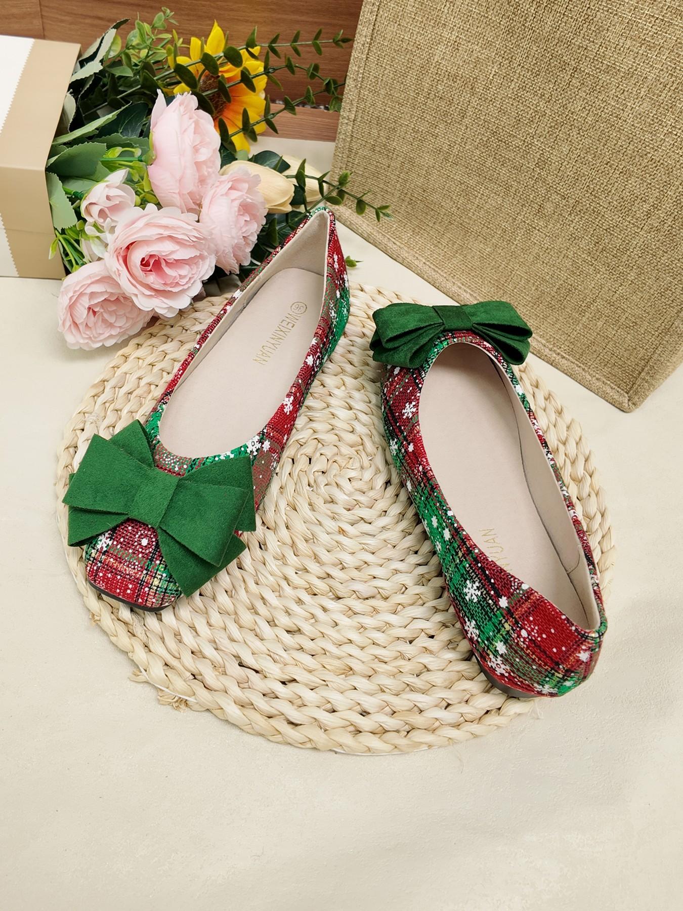 Christmas Limited Edition Plaid Bow Flat Shoes, Soft Sole Anti-Slip Versatile, Holiday Atmosphere, Daily Commute Women's Shoes