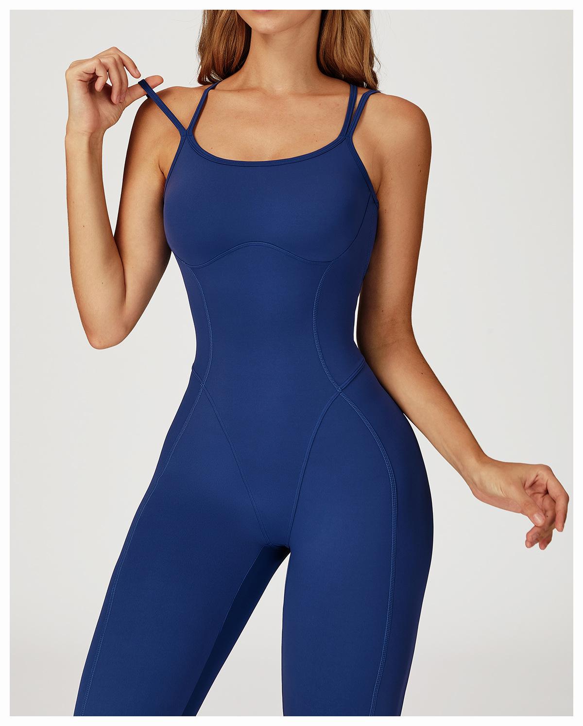 Nude-feel one-piece bodysuit with cross-back design, slim-fit yoga wear for outdoor running and fitness activities