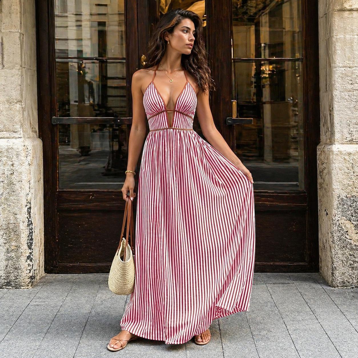 Womens Stripe Halter Dress French Vacation Style Deep V Neck Waist Cinch Color Block Floor Length Beach Skirt Casual Flowy Holiday Sundress Vacation Outfit for Womens Spring Summer