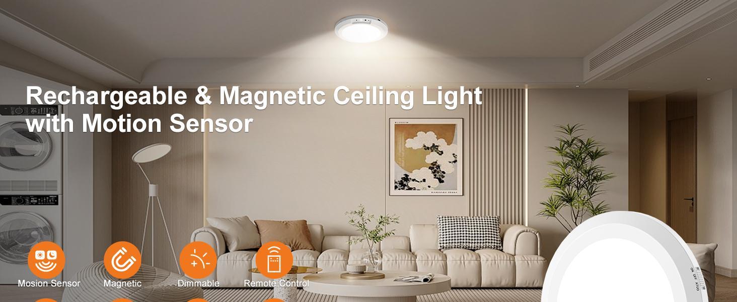 Rechargeable Motion Sensor Ceiling Light with Remote – 10000mAh Battery Powered Magnetic Wireless LED Light for Closet Shower Stairs Shed Hallway Porch Patio Garage ect, 3 Color 10-Level Dimmable, No Wiring