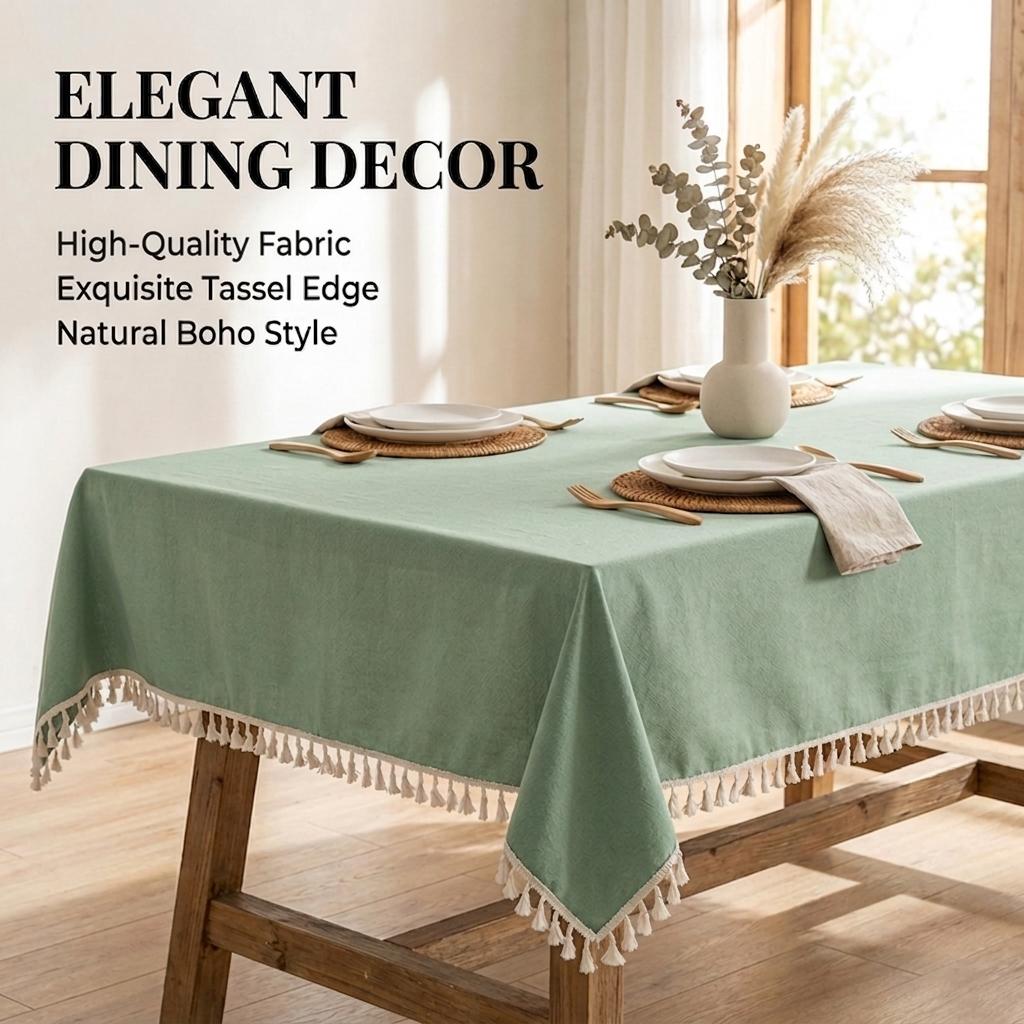 Sage Polyester Tablecloth, Thick Heavyweight Textured Fabric, Handmade Tassels, Farmhouse Rustic Style, 90x90/140x180/140x220/140x260 Cm