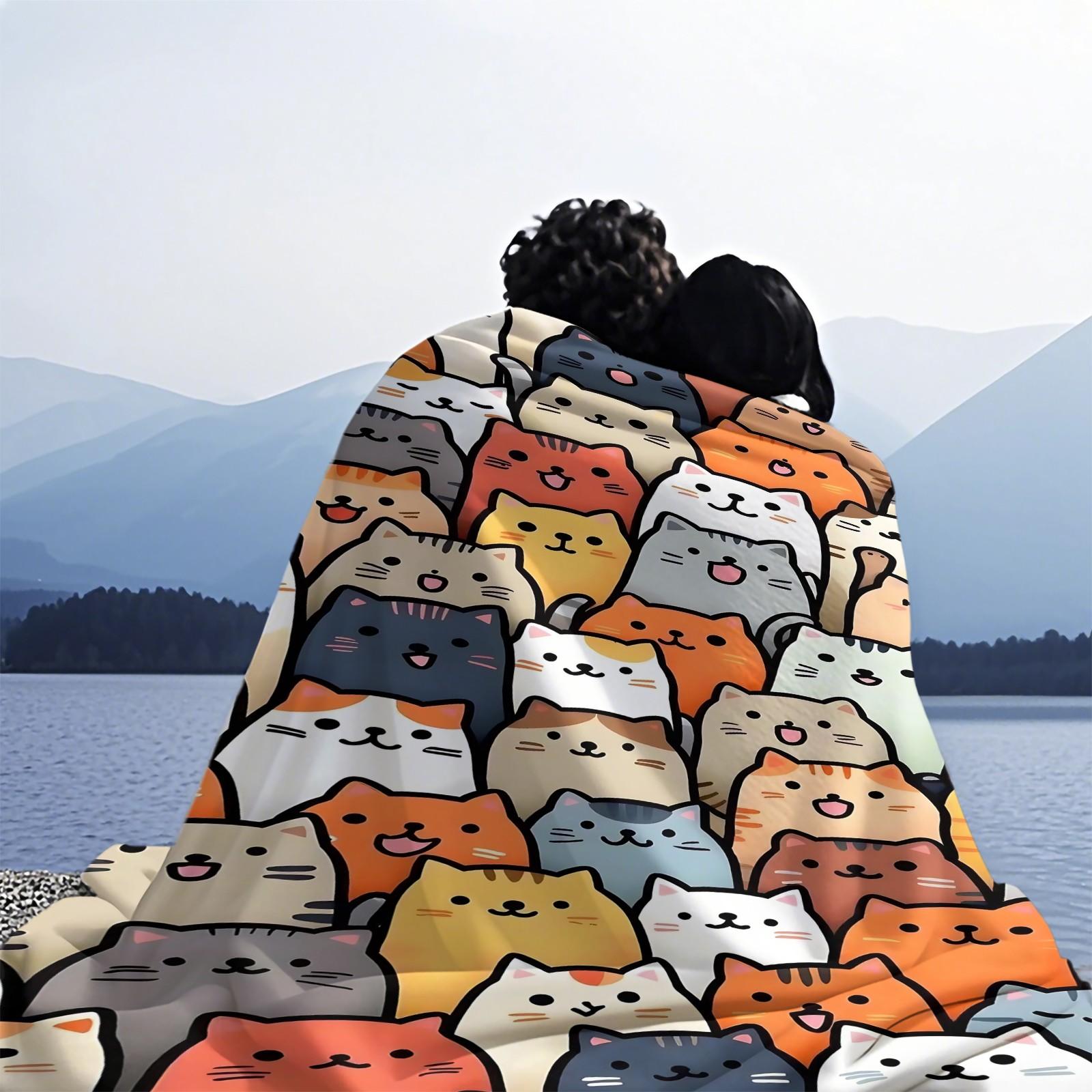 Cartoon Cat Print Blanket  Soft and Cute Flannel Blanket with Cat Print The Perfect Gift for Animal Lovers. Lightweight and Comfortable, Ideal for Bedrooms, Sofas, Living Rooms, and Outdoor Use