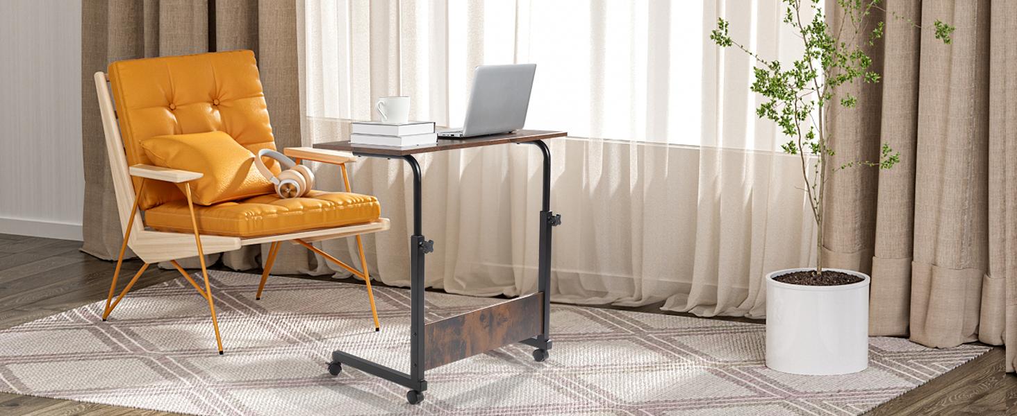 FCH Removable Chipboard & Steel Side Table with Rustic Brown Adjustable Work Table, Rolling Desk Laptop Computer Cart for Home, Bedroom, Office, Classroom