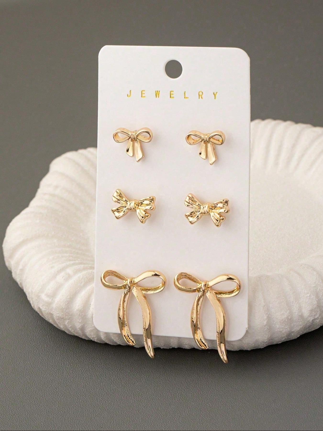 3 Pairs Golden Color Bow Stud Earrings Set, Bowknot Earrings for Women, Fashion Jewelry, Bow Accessories, Elegant and Stylish Design