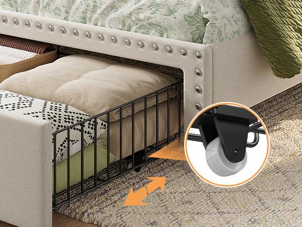 Bed Frame with 2 Storage Drawers, MATTRESS NOT INCLUDED, Bedframe with Headboard and Shelves, Upholstered  Bed Frame for Queen, King, Full, Twin, NO Noise, No Box Spring Needed, Beige, Gray