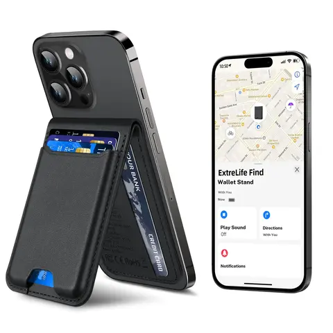 For Magsafe Wallet, Works with Apple FindMy (only IOS), Strongest Magnetic Wallet for IPhone 16 15/14/13/12 promax plus Series, for iPhone Wallet with Adjustable Stand, Vegan Leather Black, 6 Cards Holder