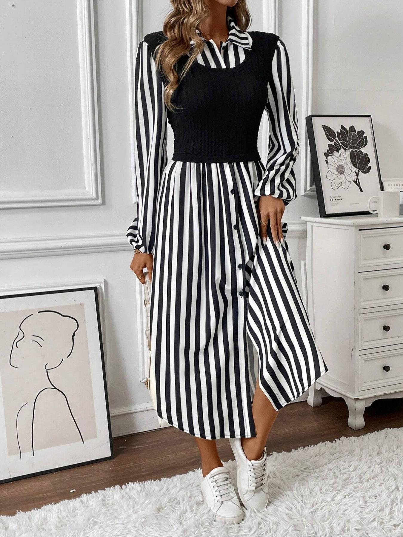 Illusion two-piece set， fashionable striped long sleeved dress with striped patchwork fashion design, A-line skirt and collar, suitable for spring/autumn/winter wear, date travel party indoor fashionable and beautiful dressing