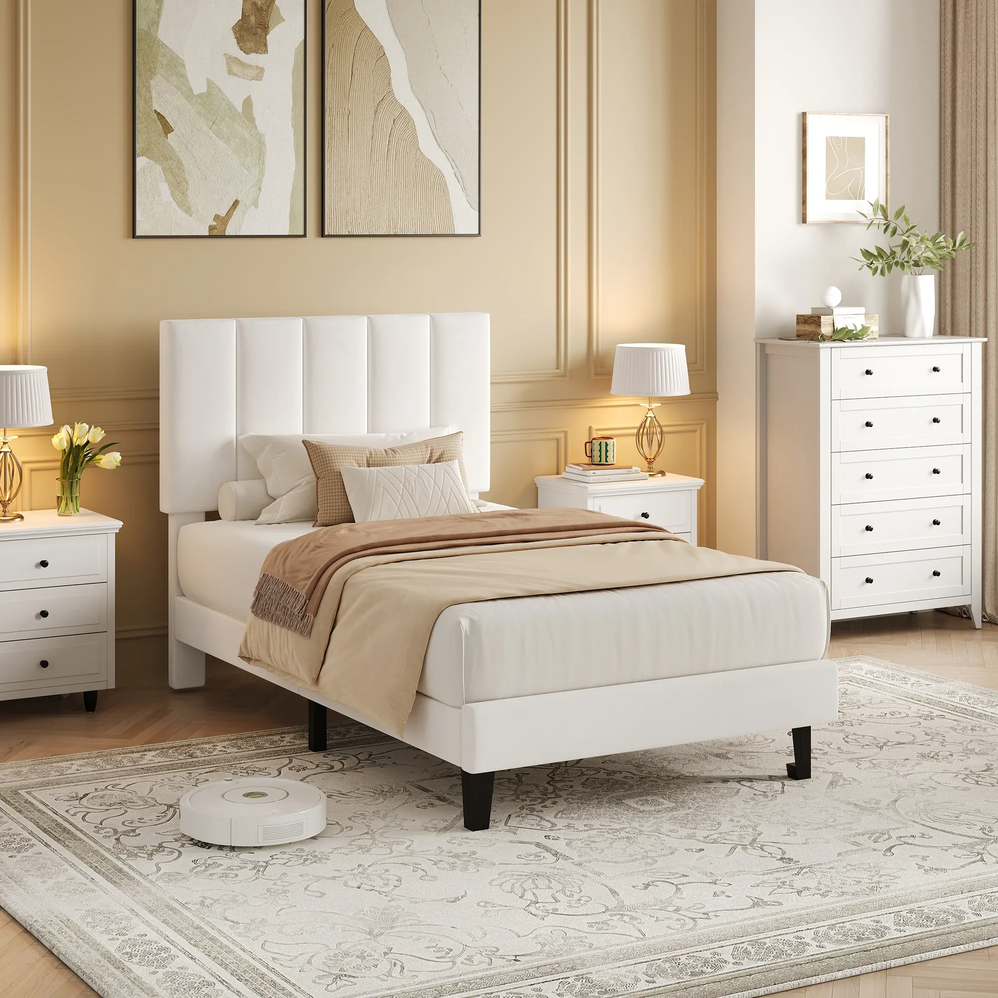 Velvet Upholstered Platform Bed Frame with Adjustable Tufted Headboard – Sturdy Wooden Slats, No Box Spring Needed, Easy Assembly