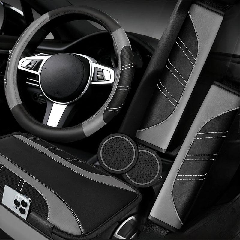 6Counts Car Interior Accessories Set: Sporty PU Leather Steering Wheel Cover (14.5-15 inch Universal), Microfiber PU Leather Car Console Cover, Seatbelt Pads, Cup Holder Pads. Suitable for Men and Women, All Seasons.