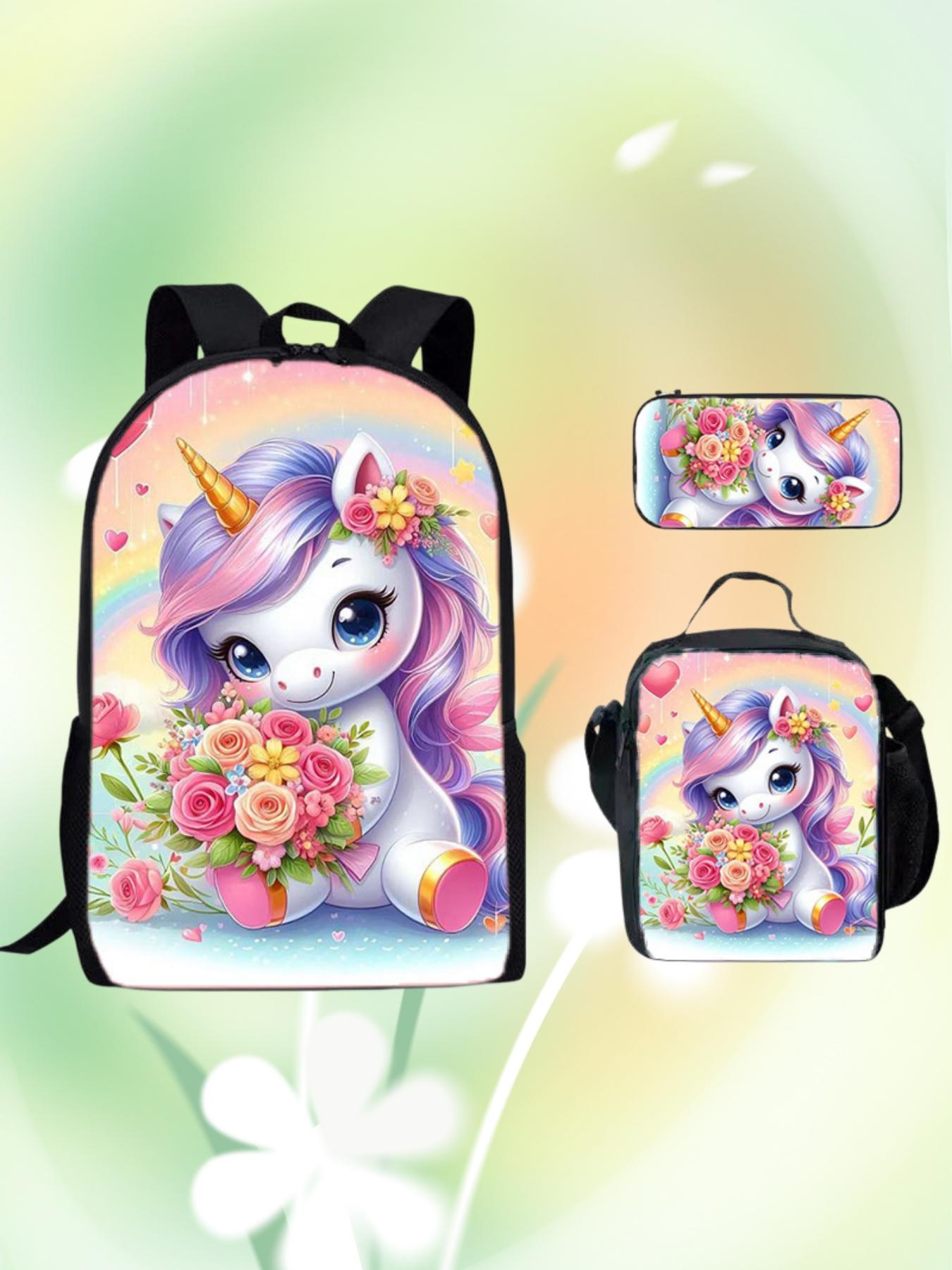 Cute Unicorn Backpack Set for Girls, Water Resistant Kids School Bag, Insulated Lunch Box & Pencil Case, Kawaii Cartoon Bookbag, Back to School Gift