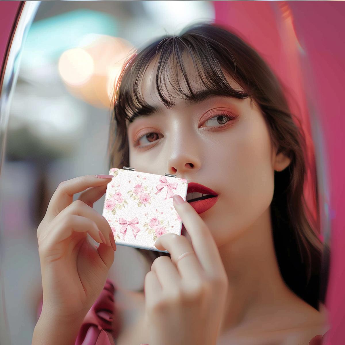 Bow & Cherry Pattern Makeup Mirror, 1 Count Foldable Handheld Travel Makeup Mirror, Portable Makeup Tool for Women & Girls, Daily Holiday Birthday Wedding Gift