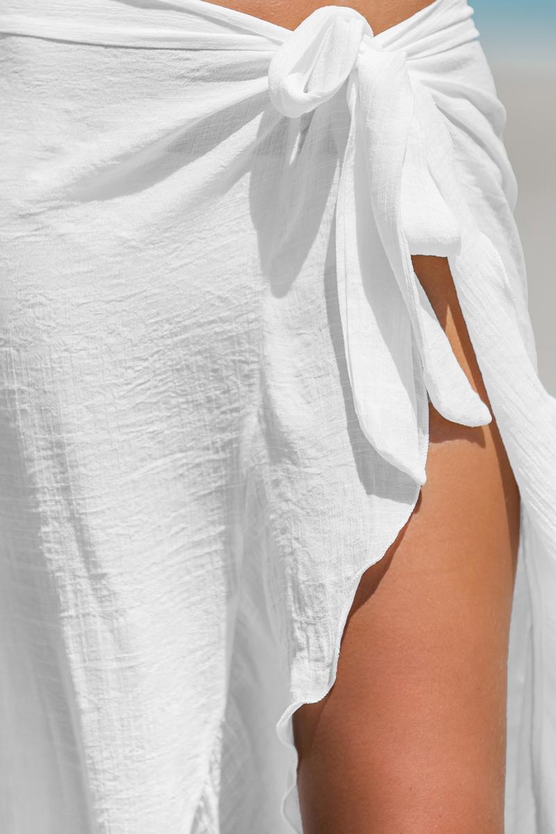 CUPSHE Sheer Cover Ruffled Maxi Women Swimsuit Cover-Up Sarong Classic Beachwear Woven Self Tie Side Asymmetrical Hem Swimwear Bathing Suits White