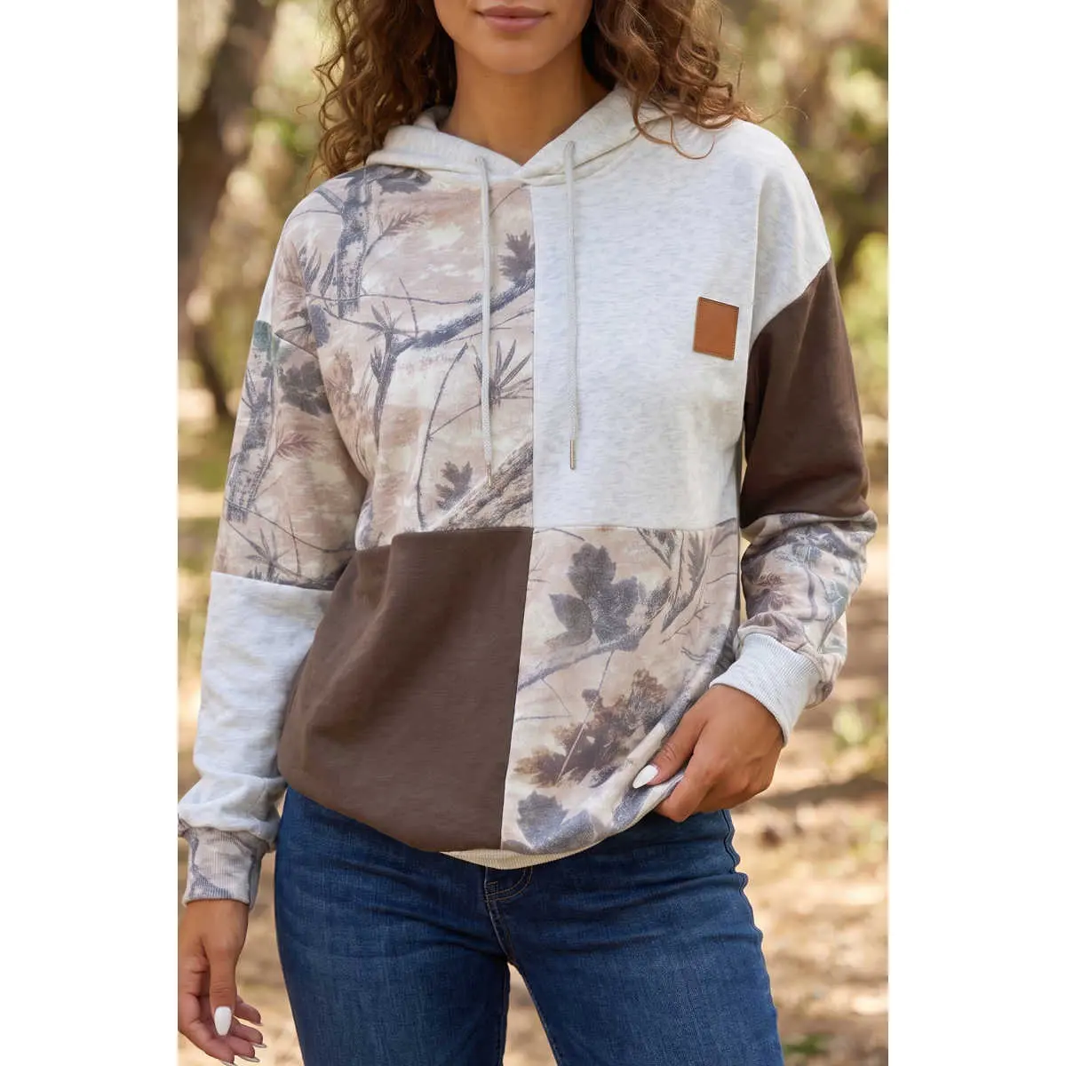 WELLTREE Women's Long Sleeve Camouflage Block Cotton Blend Hooded Drawstring Sweatshirt - Colorful Distressed, Cozy, Patchwork Look, Relaxed Fit, Western Camo Patch, Plus Size Grey Casual Pullover, Fall Daily Wear