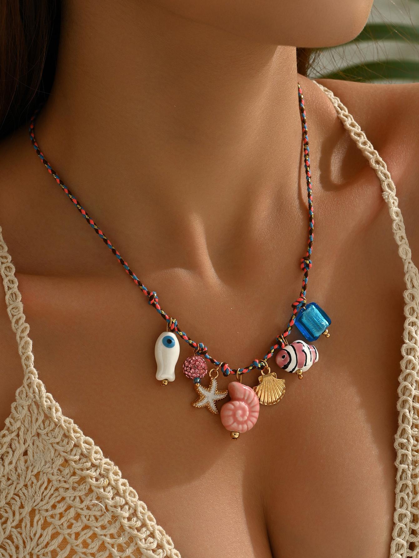 Ocean breeze shell dopamine starfish necklace colorful string ceramic small fish pendant jewelry for women