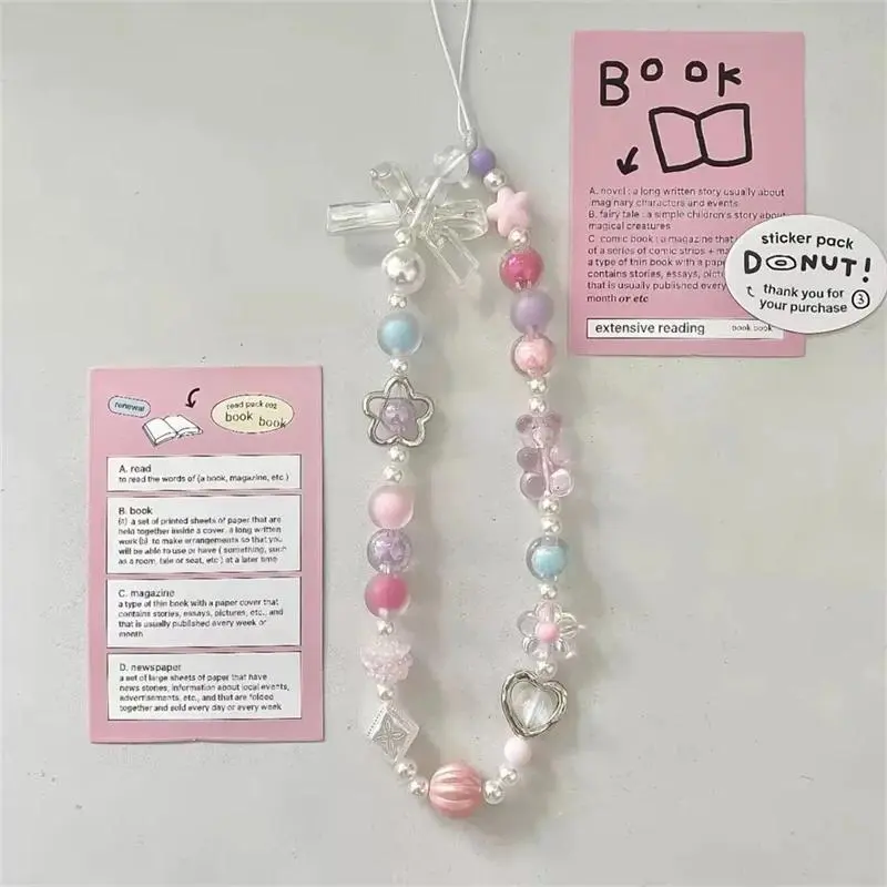 INS Pink Bear Bow Pendant Beaded Phone Chain For iPhone Fashion Hanging Rope Women Anti-lost Lanyard Jewelry Charm Strap Gift