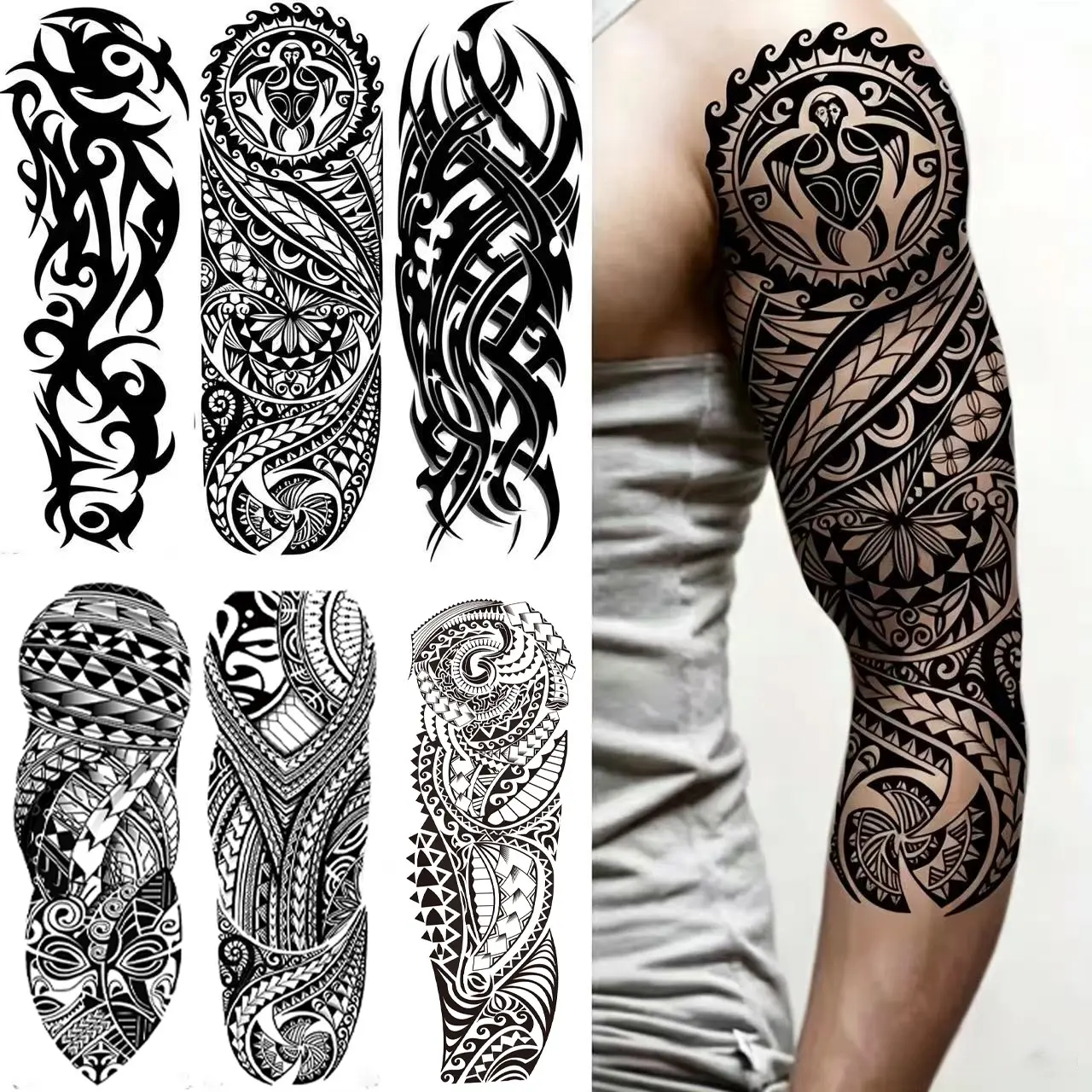 6 Piece Full Arm Temporary Tattoos, Totem Design, Unisex, Long-Lasting Waterproof Body Art Stickers, Fashionable Skin Decorations