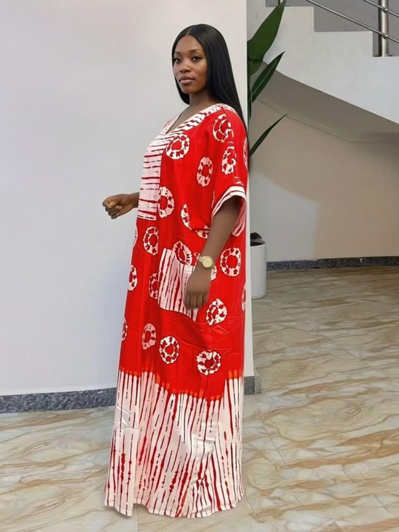 African Style Fashion Dress Summer Loose Plus Size Print Chest Patch Ethnic Boubou Kaftan Long Robe Daily Travel Party V Neck Short Sleeve with Pockets and Scarf Casual Wear