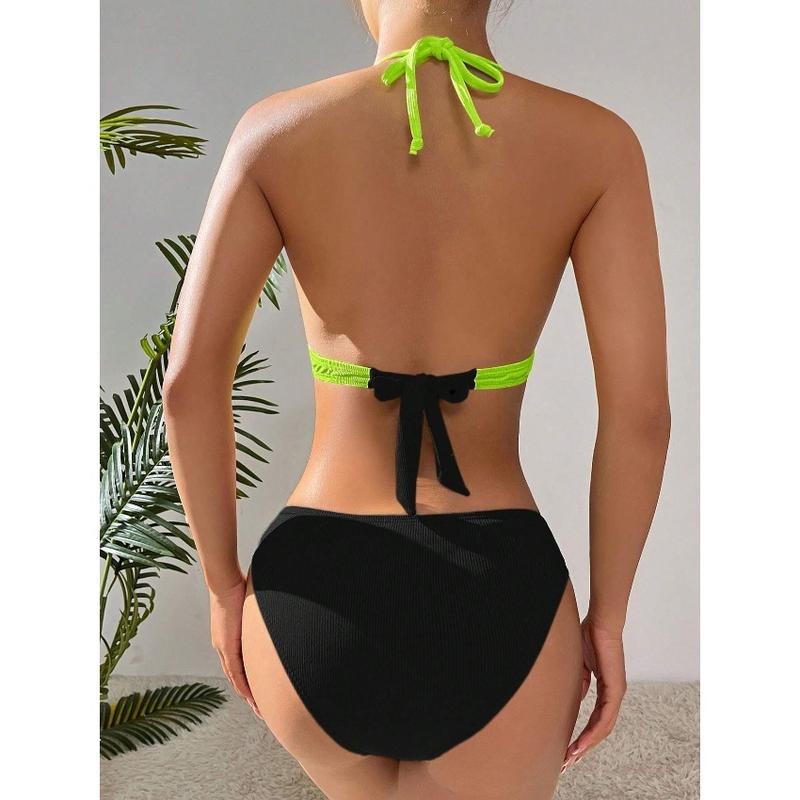 Women’s Two Piece Bikini Swimsuit, Contrast Color Patchwork Modern Clean Line Design Comfort Slim Fit UPF UV400 Protection Swimwear for Summer Beach Pool Tropical Vacation