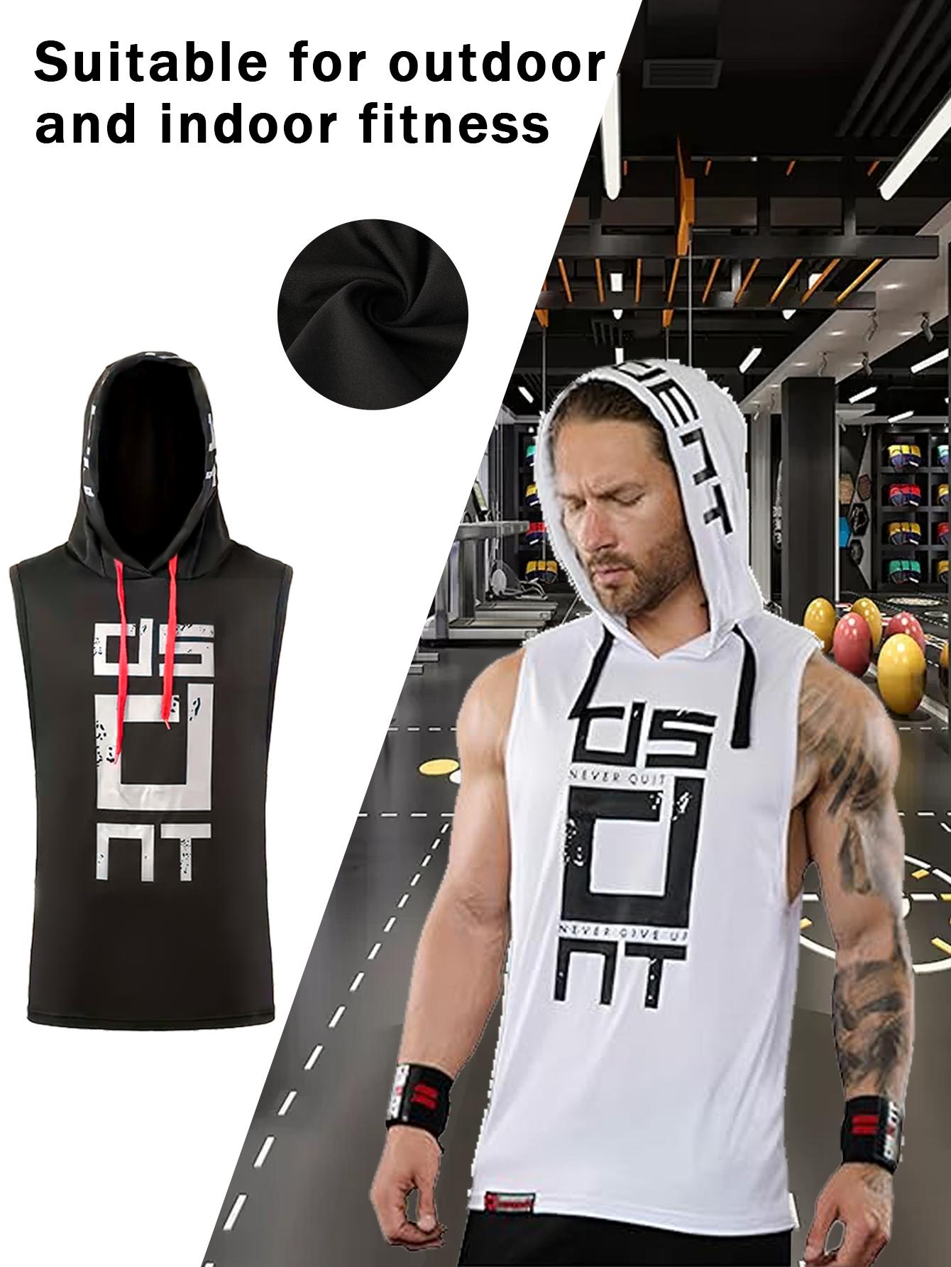 Men's High Stretch Quick Dry Hooded Gym Tank Top - Breathable Sleeveless Gym Shirt with Bold Monogram Print, Moisture Wicking Basketball Running Casual Wear, Machine Washable, Casual Athletic Wear |Outdoor fun，Gym Accessories Workout ClothesFathersdaygift