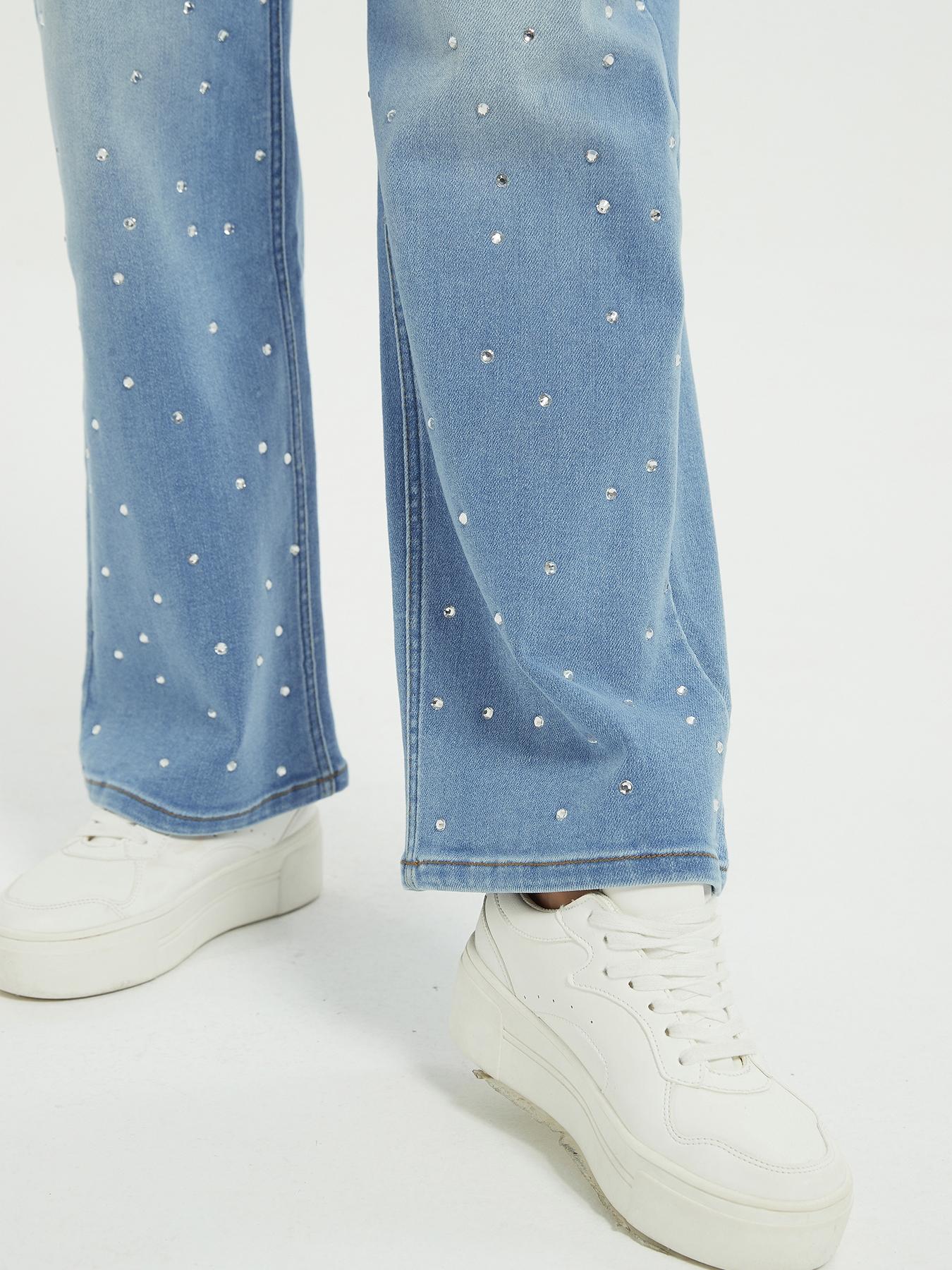 Women's High Elastic Rhinestone Straight Leg Jeans Pants, Casual Fitted Design with Pockets and Zipper, Fall & Winter Fashion